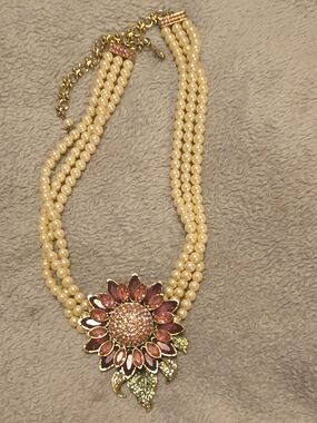 Heidi Daus Cream Pearl Multi-Strand Necklace with Pink Flower Pendant